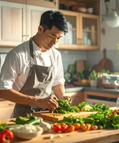 Vietnamese home cook preparing vegetables on wooden cutting board, organized kitchen, fresh ingredients, Vietnamese text on jars and containers