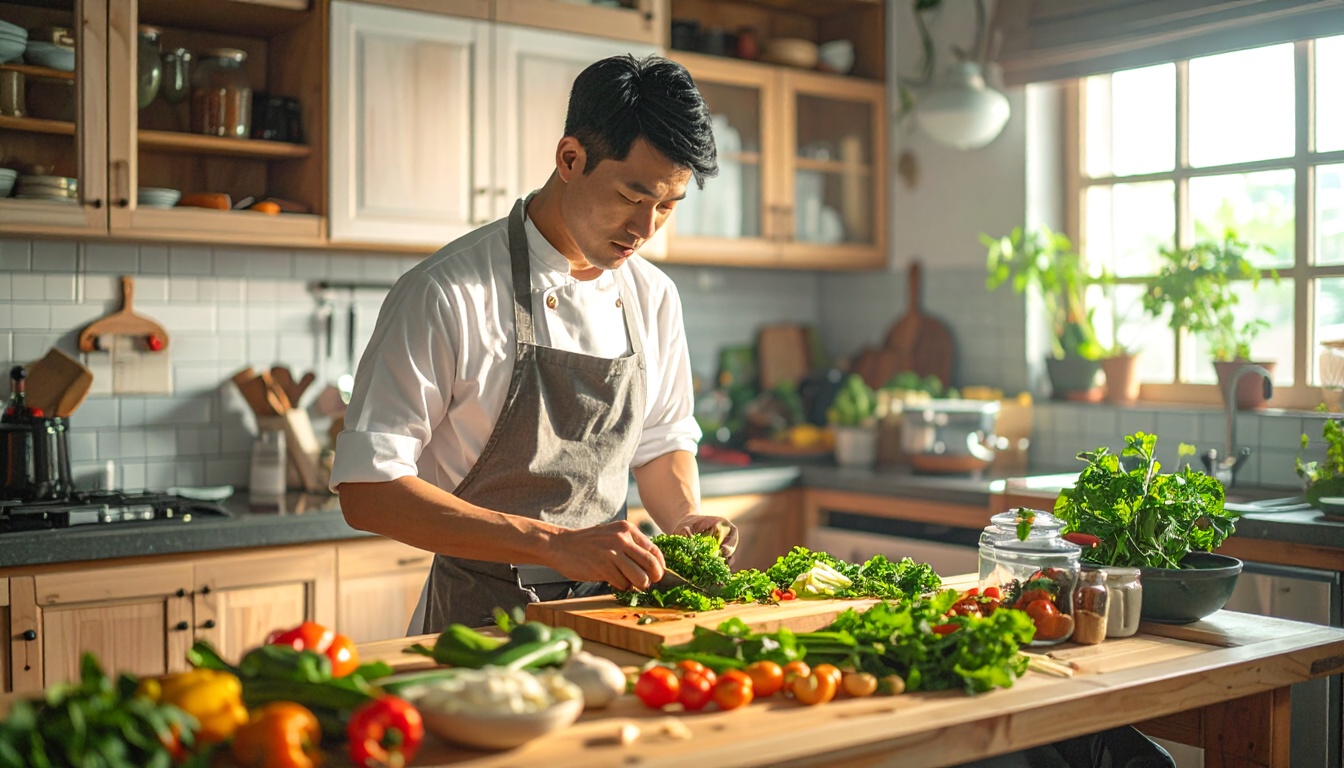Vietnamese home cook preparing vegetables on wooden cutting board, organized kitchen, fresh ingredients, Vietnamese text on jars and containers