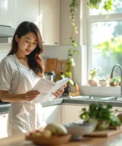 Vietnamese home kitchen, young woman carefully reading instruction manual of kitchen appliances, modern cozy kitchen, natural lighting, Vietnamese text labels on appliances