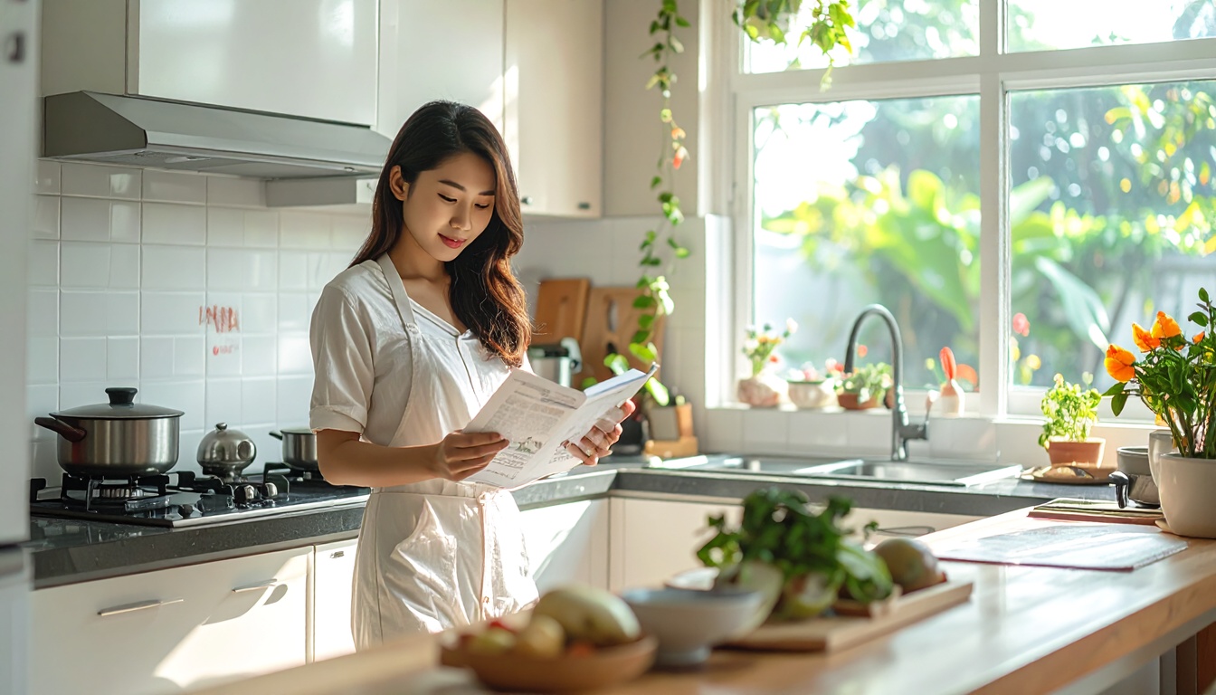 Vietnamese home kitchen, young woman carefully reading instruction manual of kitchen appliances, modern cozy kitchen, natural lighting, Vietnamese text labels on appliances