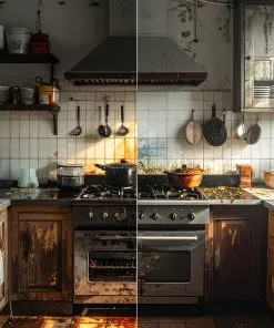 Vietnamese kitchen with dirty vs clean comparison, half messy greasy stove and half clean organized kitchen, clear contrast, Vietnamese text labels