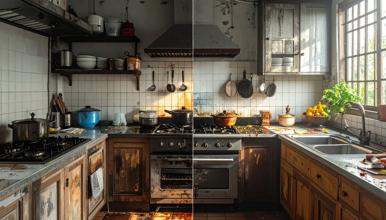Vietnamese kitchen with dirty vs clean comparison, half messy greasy stove and half clean organized kitchen, clear contrast, Vietnamese text labels