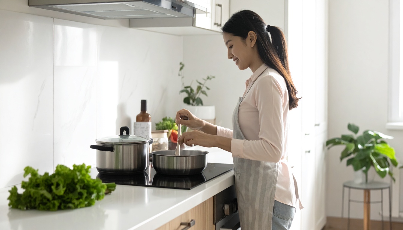 Vietnamese woman cooking with induction stove and modern cookware set, clean kitchen, steam rising from pot, Vietnamese labels on stove buttons